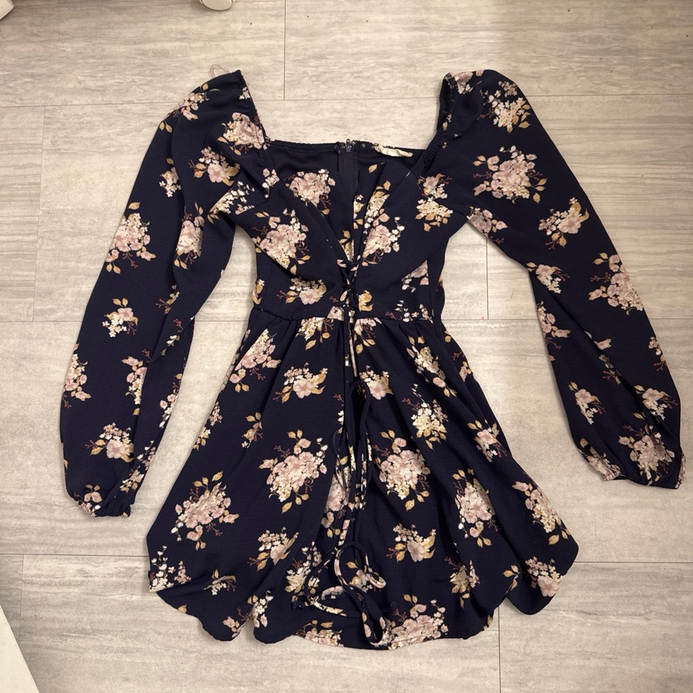 Altar'd State Navy Floral Tie-Front Romper with Puff Sleeves